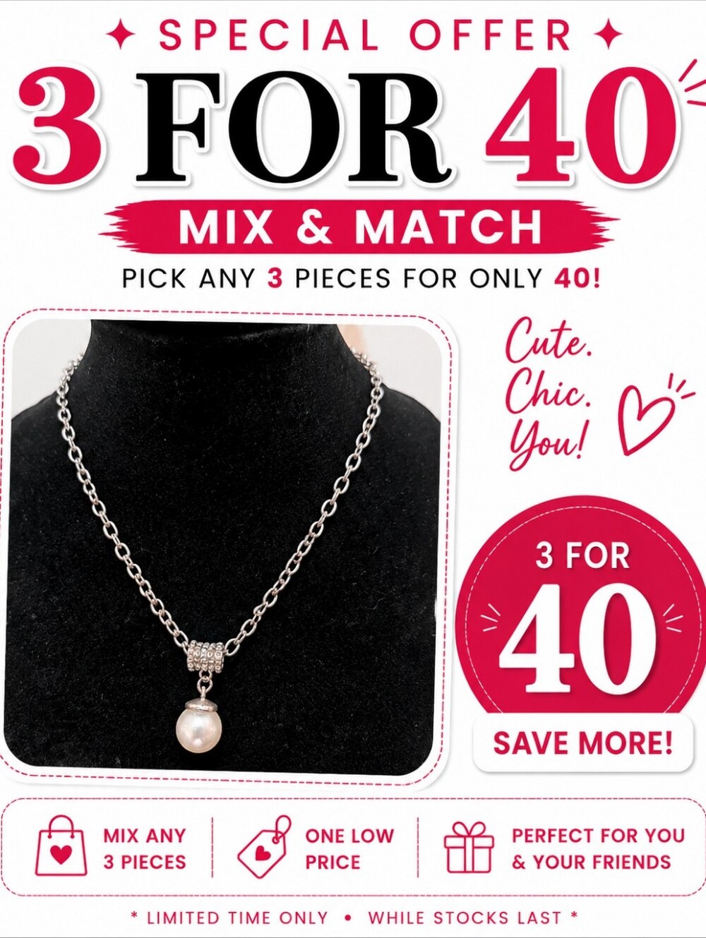 Faux Pearl Pendant Necklace White Round Pearl Silver Tone Chain Classic Elegant
